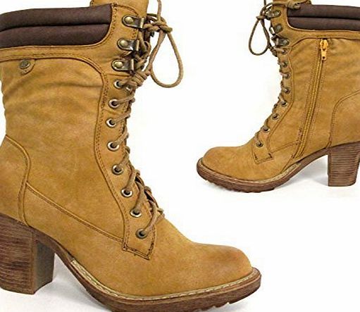 STAR DISTRIBUTORS LADIES HIGH HEELS BOOTS WOMENS MID CALF BIKER COMBAT STYLE FASHION LACE UP / ZIP UP MILITARY ARMY BOOTS SIZE (Ladies UK size 6, Tan)