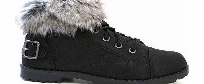 STAR DISTRIBUTORS LADIES WOMENS ARMY COMBAT FLAT GRIP SOLE FUR LINED WINTER SNOW WALKING ANKLE QUILTED SHOE BOOTS (4UK / 37EU / 6/US, KHAKI BROWN)