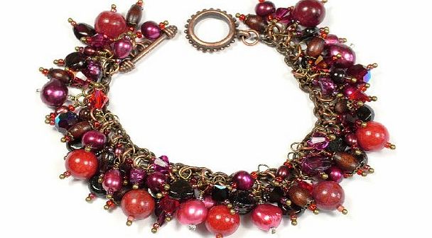 Stardust and Sparkles Hand-Crafted, Gemstone Dark Red-Pink Charm Bracelet with Freshwater Pearls, Jade, Garnet, Wood, Agate amp; Swarovski Crystals - 7.5 Inches Long (Medium Ladies) - Gift Boxed