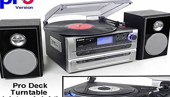Steepletone SMC1033 PRO (new PRO Deck Turntable) 6-in-1 Music System Home Audio System - Turntable Record Player to CD, CD to CD ~ AND ~ MP3 Recording - Radio - AUX IN amp; OUT (Black / Silver)