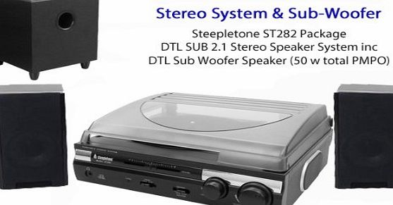 Steepletone ST282 Record Player Turntable (3 speed: 33, 45 amp; 78rpm) - Black / Silver - Built in Amplifier amp; Speakers PLUS separate 50 watt PMPO Speaker System with Sub Woofer DTL 2.1 - TONE CO