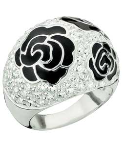 Silver Black Enamel Flower and Cubic Zirconia Ring