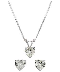 Silver Cubic Zirconia Heart Pendant and Earring Set