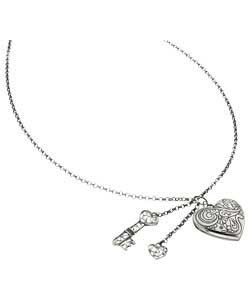 Silver Heart and Key Locket Charm Necklace