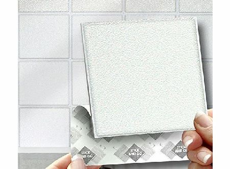 WHITE EFFECT WALL TILES: Box of 18 tiles Stick and Go Wall Tiles 4``x 4`` (10cm x 10cm) Each box of tiles will cover an area of 2 SQR. FT. NO CEMENTING NO GROUTING NO MESS! TILE OVER ANY SIZE OF TILE OR