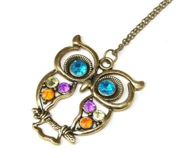 Stone River Jewellery Blue Eyed Bronze Tone Owl Pendant Long Chain Necklace Vintage Style Lilac, Lemon 