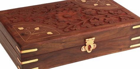 Store Indya Christmas Gifts Hand Carved Wooden Intrinsic Design Decorative Trinket Jewellery Box With Mughal Inspired Floral Carvings amp; Brass Inlay