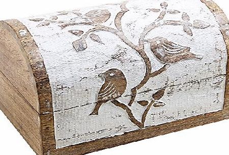 Store Indya Christmas Gifts Sale Large Wooden Jewellery Chest Box Keepsake Storage Organiser Multipurpose with Hand Carved Bird Design White Distressed Finish Shabby Chic Home Decorative