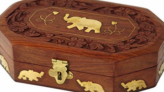 Store Indya Wooden Decorative Jewellery Box Organiser Hand Carved With Mughal Inspired Elephant Brass Inlay