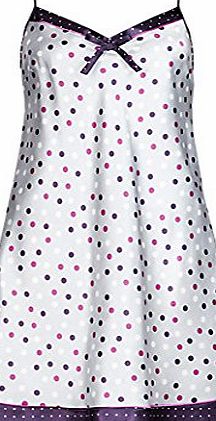 Storelines Ladies Famous Make Short Satin Chemise Nightdress. Silver Grey With Purple, Cerise And Ivory Polka Dots. Sizes8 10 12 14 16 18 20 22 (14)