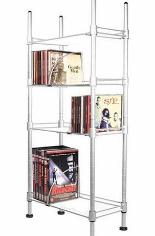 Hibaba CD / DVD Multimedia Storage Rack with adjustable shelves - Silver finish. Stores up to 100CDs or 51DVDs