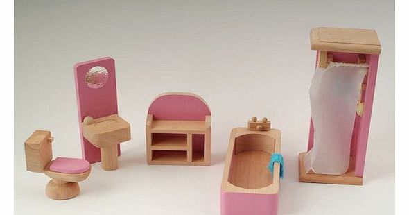 Wooden Dolls House Furniture Set - PINK Bathroom