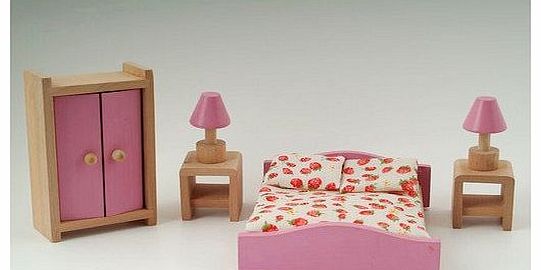 Wooden Dolls House Furniture Set - PINK Bedroom