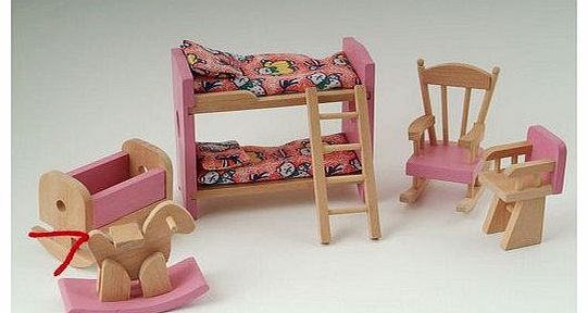 Wooden Dolls House Furniture Set - PINK Childrens Bedroom