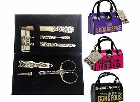 S&S Slogan Handbag Manicure Set 5pc Nail Clipper File Scissors Tweezer Pink Purple Black (Black)