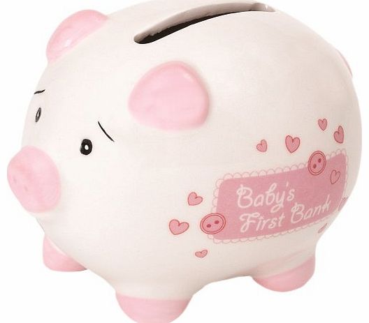 Suki Gifts International Babys First Piggy Bank Ceramic Piggy Bank in Gift Box (Small, Pink/ White)