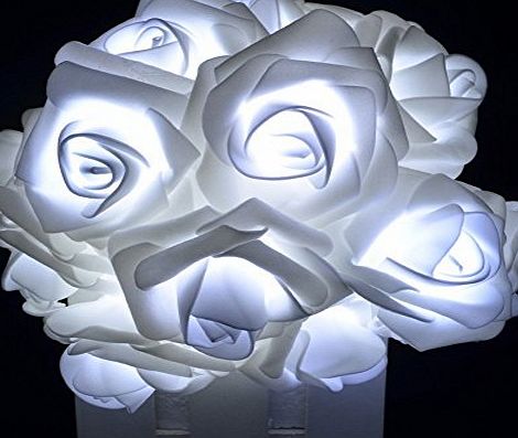 SUNNIOR 20 LED White Simulation Rose Flower Fairy String Lights Clear Cable Battery Powered for Valentines, Wedding, Bedroom, Indoor Decoration