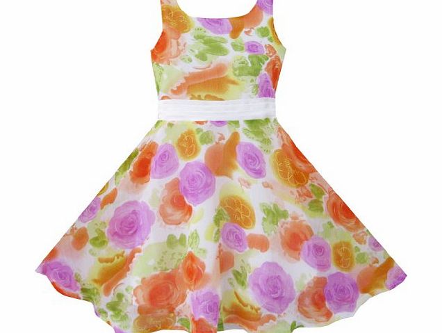 Sunny Fashion Girls Dress Purple Orange Flower Silk Pageant Wedding Child Clothes Size 4-5