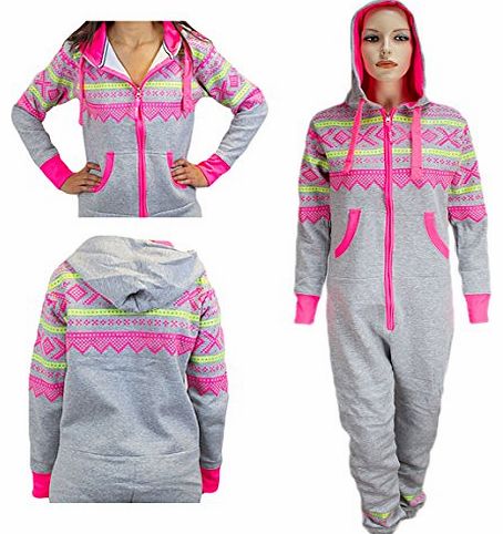 Superglamclothing Unisex AZTEC ONESIE All In One Hooded Jumpsuit Tracksuit Mens Ladies Womens New (S, Silver grey-Hot Pink)