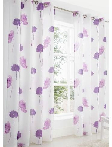 Supplied by Maple Textiles Purple/Lilac Large Poppy Flower Linen Look Lined Voile Curtain Eyelet Heading 57`` x 72``