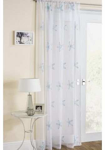 White Sheer Voile with Duck Egg Blue Seqin Star Petal Flower Design Curtain Panel 59`` x 48``