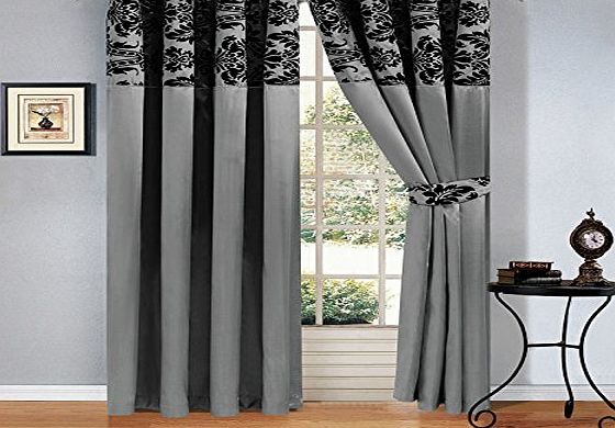 Supreme LUXURY NEW DAMASK FLOCKED EYELET CURTAINS FULLY LINED INC TIE BACKS (66``X 72)(90``x 90``) (Grey, 90`` X 90``)