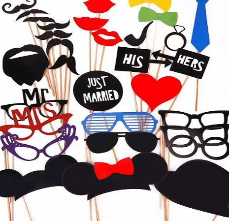 Surepromise 31PCS Colorful Props On A Stick Mustache Photo Booth Party Fun Wedding Christmas Birthday Favor