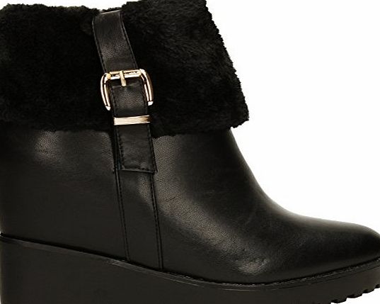 SwankySwans Becky Womens Black Wedge Boots Collar Fur Lined Winter Warm Ladies Ankle Boot - EU 39 UK 6