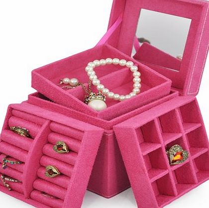 Rose Princess Suede Velvet Jewelry Jewellery Box with 3 Removable Layers --- Perfect Storage for Your Necklace / Bracelet / Earrings / Pendants --- 12cm X 12cm X 12cm