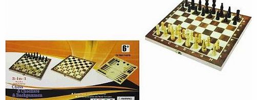 SystemsEleven Large Wooden Classic Folding 34cm 3 in 1 Chess Backgammon 