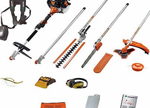 T4Tools TIMBERPRO 5in1 52CC Petrol Long Reach Multi Function 5 IN 1 Garden Tool. Includes : Hedge Trimmer, Strimmer, BrushCutter, Chainsaw amp; Extension Pole