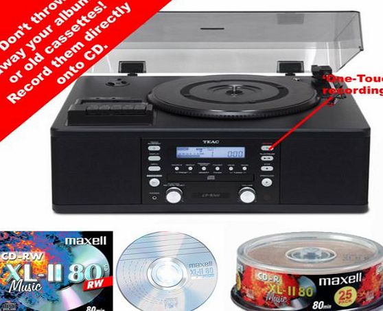 CD Recorder - Record / Copy from Vinyl Records & Tape Cassettes - Teac Music Centre System TE0065a - Turntable, CD player / recorder with Radio & Built in Speakers - NEW cool black finish + {F