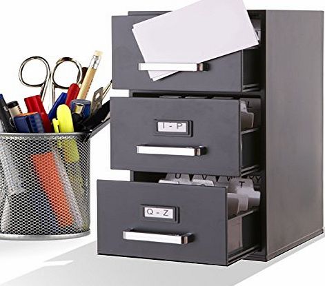 TechAffect Business Card Filing Cabinet Mini Desktop - 9 inch High Black 3 Drawer Desktop Card Holder for Business Cards (85mm x 55mm)