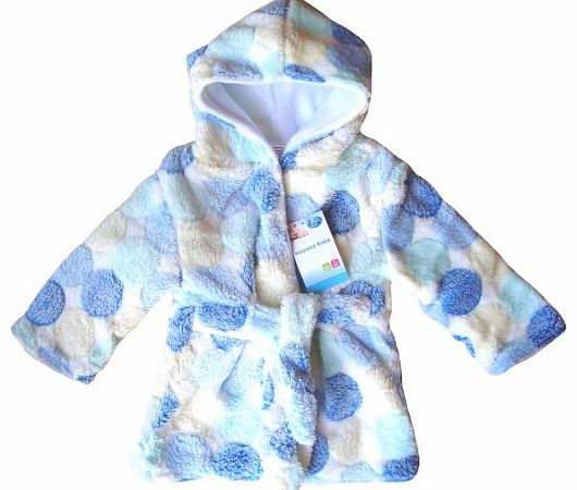 Baby Boys & Girls Super Soft Fluffy Polka Dot Hooded Bath Robe Dressing Gown (Blue Polka Dot)
