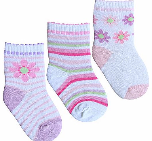 Baby Girls Cotton Rich Floral Flowers & Cupcakes Socks (3 Pair Multi Pack) (UK 0-2.5 (EUR 15-18), Flowers & Stripes)