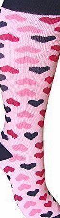 Ladies & Girls Knee High Colourful Hearts and Polka Dot Welly Wellington Boot Socks (UK 4-5.5) (Grey Hearts)