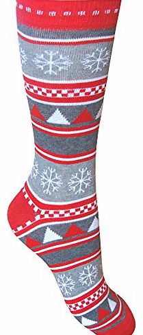 Ladies & Girls Super Soft Cotton Rich Festive Colourful Christmas Socks (Grey Fairisle)