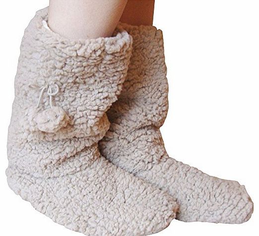Ladies Fleece Lined Thermal Super Soft Fluffy Winter Slipper Boots (Beige)