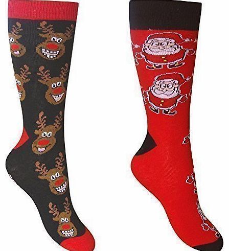 Mens Funky Colourful Novelty Festive Christmas Socks (2 Pair Multi Pack) (Reindeer & Mini Red Santa Claus)