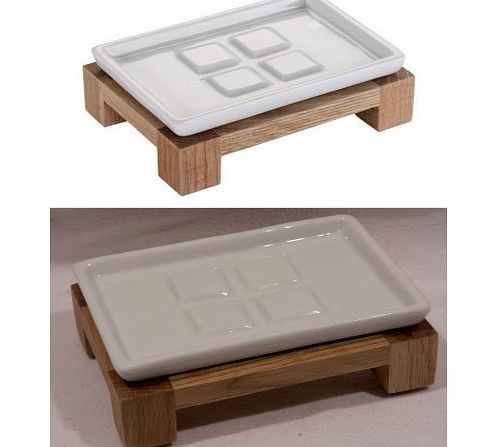 Tema Water Resistant Solid Oak Soap Dish with white Ceramic Tray great bathroom gift