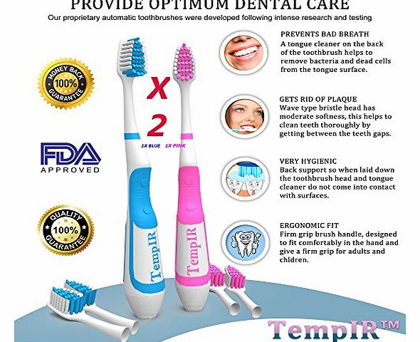 Electric toothbrush Battery operated 2-count with four FREE replacement brush heads - for Children and Adults - TempIR Turbo Brush for super clean teeth. Full lifetime no hassle 100% guarantee. Why bu