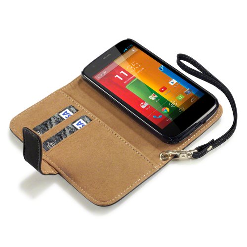  Premium PU Leather Wallet Case/Cover/Pouch/Holster for Motorola Moto G - Black/Tan