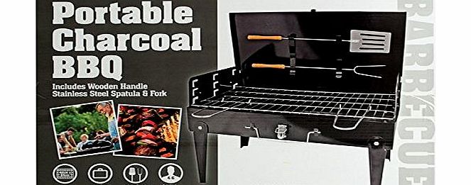 TFNI Portable Charcoal BBQ - Barbecue size 42x26x43 - Handy for Garden, Beach, Picnics, Parks, Caravans, Camping, Family etc - Includes Wooden Handle Fork amp; Spatula - Folds Away for carrying and Storag