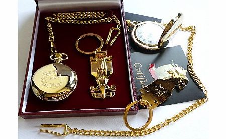 The British Gold Company 24k Gold Crash Helmet Pocket Watch and Racing Car Keyring Keychain Key Fob in Luxury Gift Case F1 Formula 1 Collectable Gift Set
