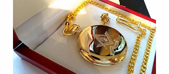 The British Gold Company Freemasons Masonic Pure 24k Gold Lapel Pin Badge AND Pocket Watch Gift Set Brotherhood Engraved Crest Emblem in Wooden Presentation Case