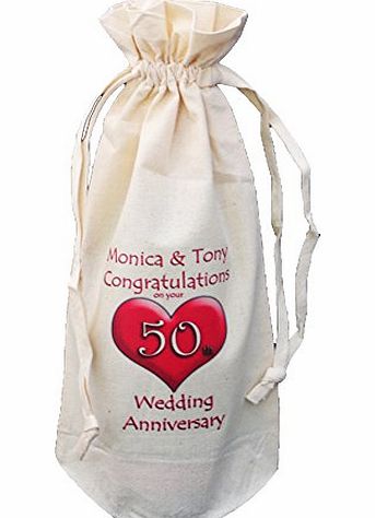The Cotton Bag Store Ltd Personalised - 50th Wedding Anniversary - Golden - Natural Cotton Drawstring Bottle Bag