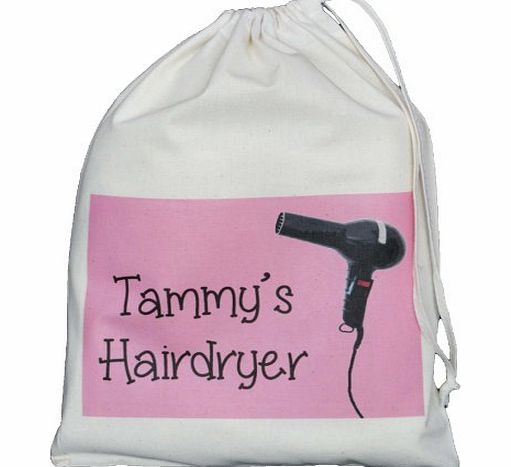 Personalised - Hairdryer Small Storage Bag - PINK DESIGN - Small Natural Cotton Drawstring Bag - SUPPLIED EMPTY