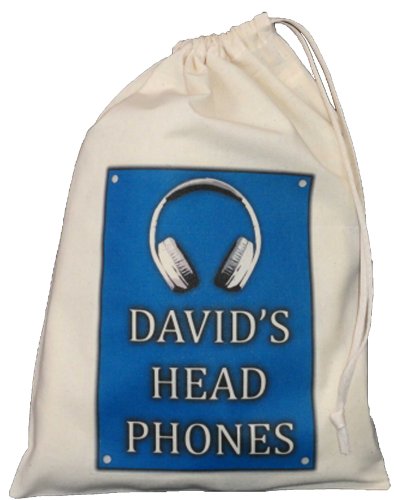 Personalised - Head Phones Bag - Small Natural Cotton Drawstring Bag 25cm x 35cm - blue design