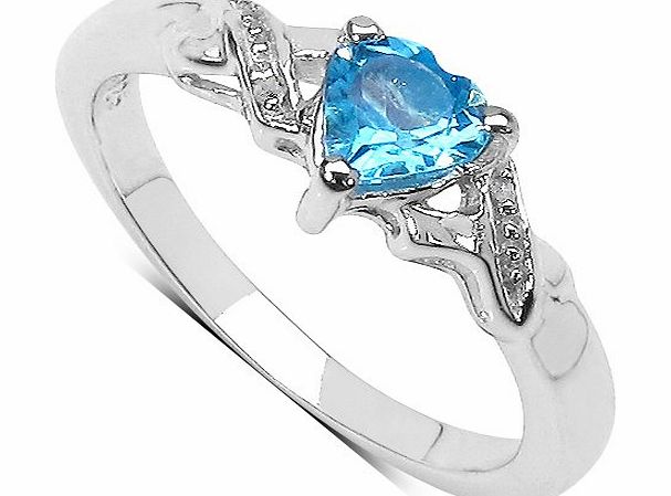 The Diamond and Wedding Ring Bargain Centre The Blue Topaz Ring Collection: Beautiful Sterling Silver Heart Shaped Swiss Blue Topaz Engagement Ring with Diamond Set Shoulders (Size P)
