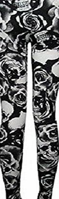 The Home of Fashion New Ladies Black and White Skull and Rose Print Stretchy Leggings Size 8-14 (10 (SM))